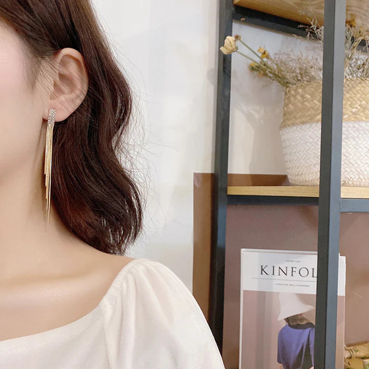 Tassel Silver Plated Crystal Earrings Pair - Golden - Shop N Save