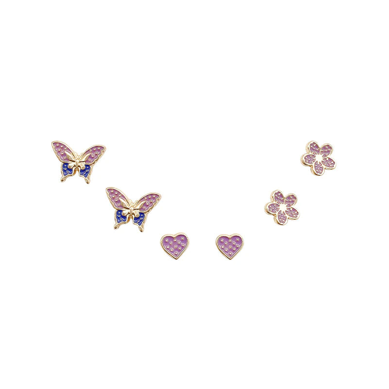 Floral Butterfly With Heart Three Pair Ear Tops - Golden - Shop N Save