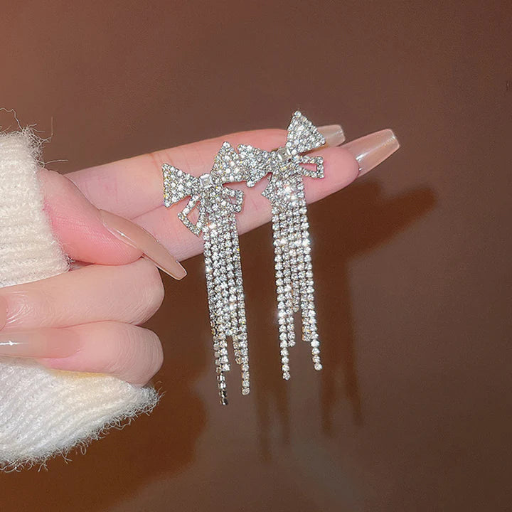 Bow Carved Bridal Style Tassel Ear Tops - Silver - Shop N Save