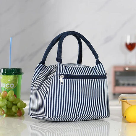 Blue Stripe Insulated Lunch Bag: Waterproof, Portable, Ideal for Travel - Shop N Save