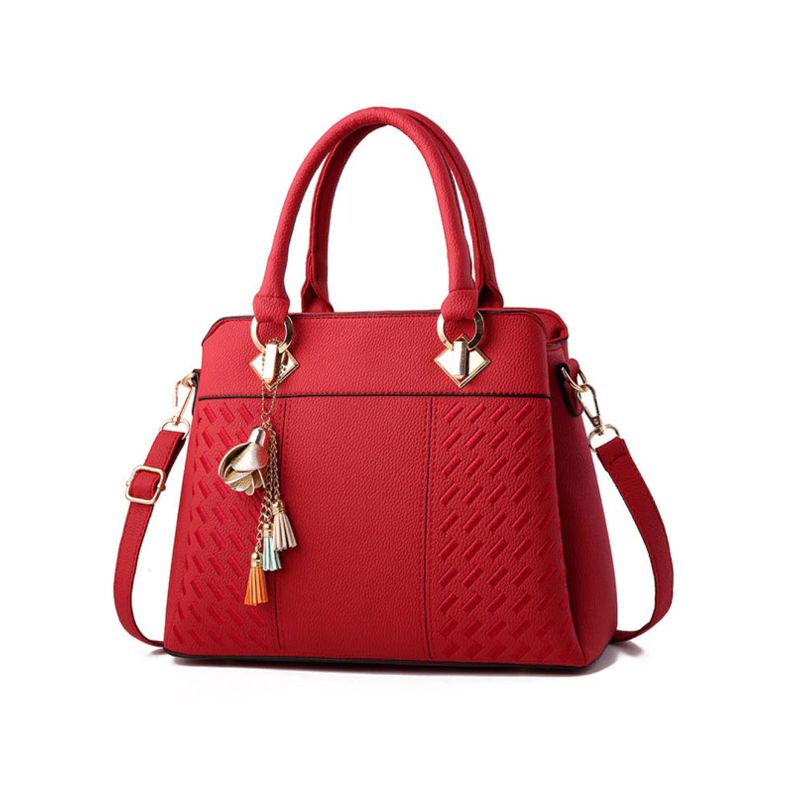 Fashionable Wine Red Handbag Stylish PU Leather Women's Handbag with Woven Pattern Zipper Closure Double Handle and Synthetic Leather Strap - Shop N Save
