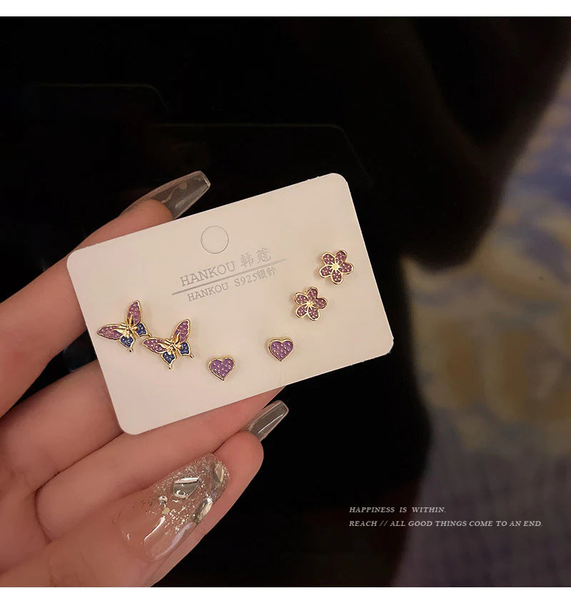 Floral Butterfly With Heart Three Pair Ear Tops - Golden - Shop N Save