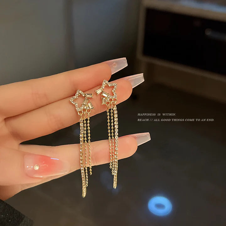 Star Gold Plated Tassel Earrings - Golden