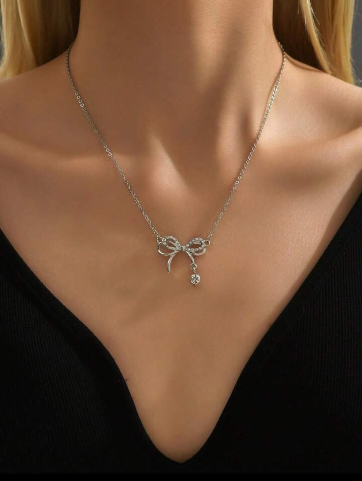 Rhinestone Bow Charm Necklace: Elegant Sparkle Jewelry - Shop N Save