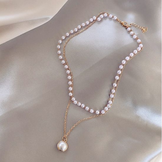 Simple Chain Beaded Multi-Layer Pearl Pendant Necklace Golden