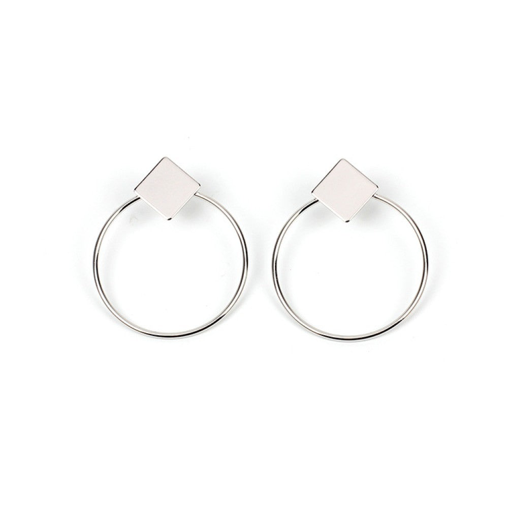 Square And Hoop Simple Fashion Popular Girl Lady Earrings - Silver