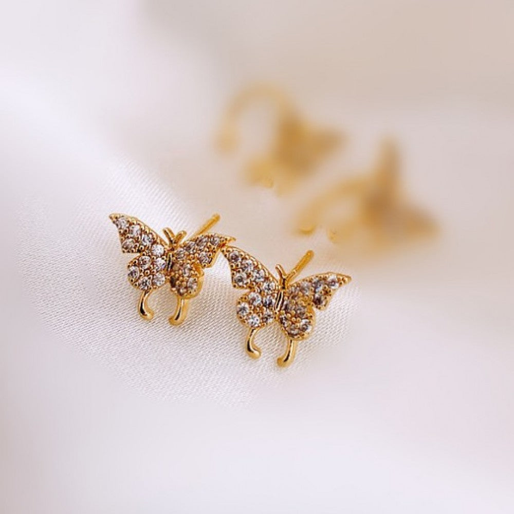 Temperament Women Jewelry Diamond Crystal Butterfly Earrings - Golden