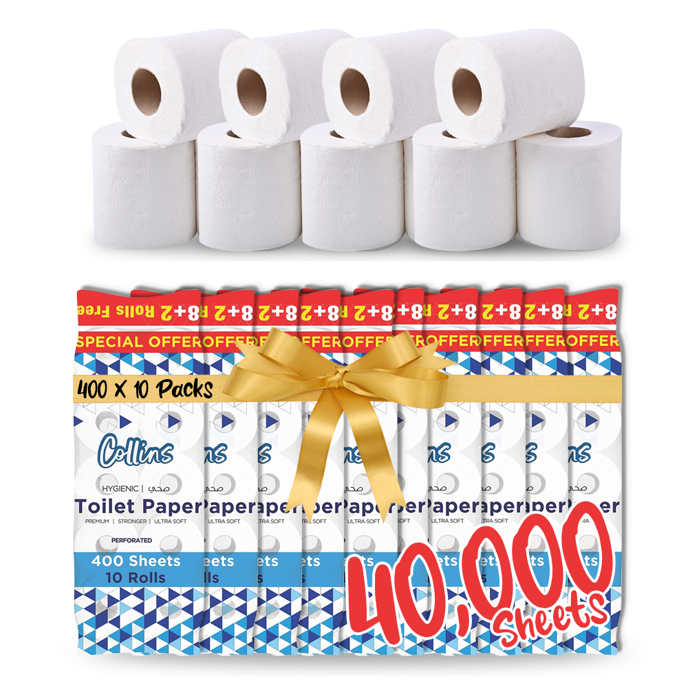 Collins 40,000 Sheets Extreme Bulk Toilet Paper Pack, Pack of 100 Embossed Tissue Rolls (400 sheets x 2 Ply) (100 Rolls, 1 x 100 Rolls Carton)