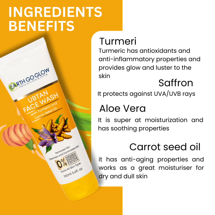 EARTH GO GLOW UBTAN FACE WASH WITH TURMERIC & SAFFRON FOR TAN REMOVAL (100ml) - Shop N Save