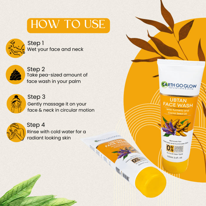 EARTH GO GLOW UBTAN FACE WASH WITH TURMERIC & SAFFRON FOR TAN REMOVAL (100ml) - Shop N Save