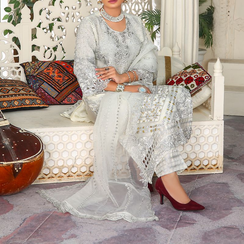 3 Piece Fancy Embroidery Dress - Stylish Light Weight Chiffon Organza Fabric Suit Indian Pakistani Fancy Embroidered Dress For Events Party Outdoor Dress - Offwhite - Shop N Save