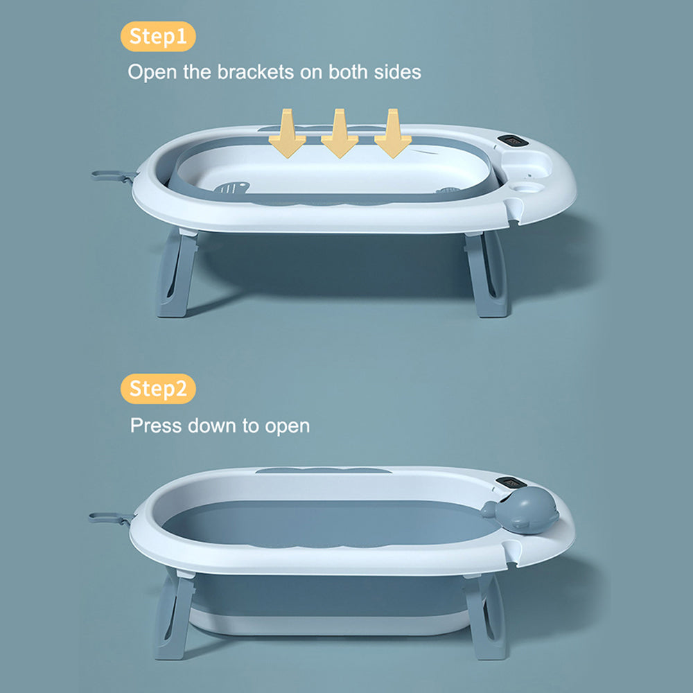 Portable Baby Bathtub - Large Foldable Newborn Infants Anti Slip Skid Proof Collapsible Baby Bath Tubs With Water Temperature Meter and Net and Shower for Kids New Born (L 82 - W 48 - H 32 CM) - Blue - Shop N Save