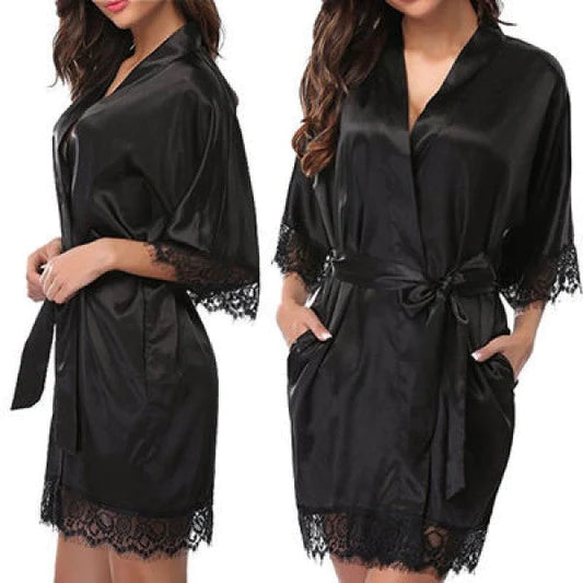 Woman Sleepwear Satin Robe Lace Dress - White - Shop N Save