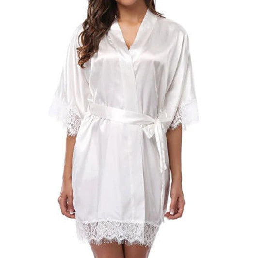 Woman Sleepwear Satin Robe Lace Dress - White - Shop N Save
