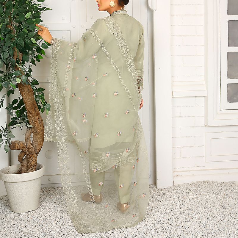 3 Piece Fancy Embroidery Dress - Stylish Light Weight Chiffon Organza Fabric Suit Indian Pakistani Fancy Embroidered Dress For Events Party Outdoor Dress - Dark Green - Shop N Save