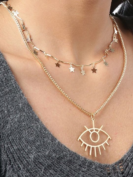 Gold Tone Evil Eye Necklace: Multi-Layer, Charm, Link Chain - Shop N Save