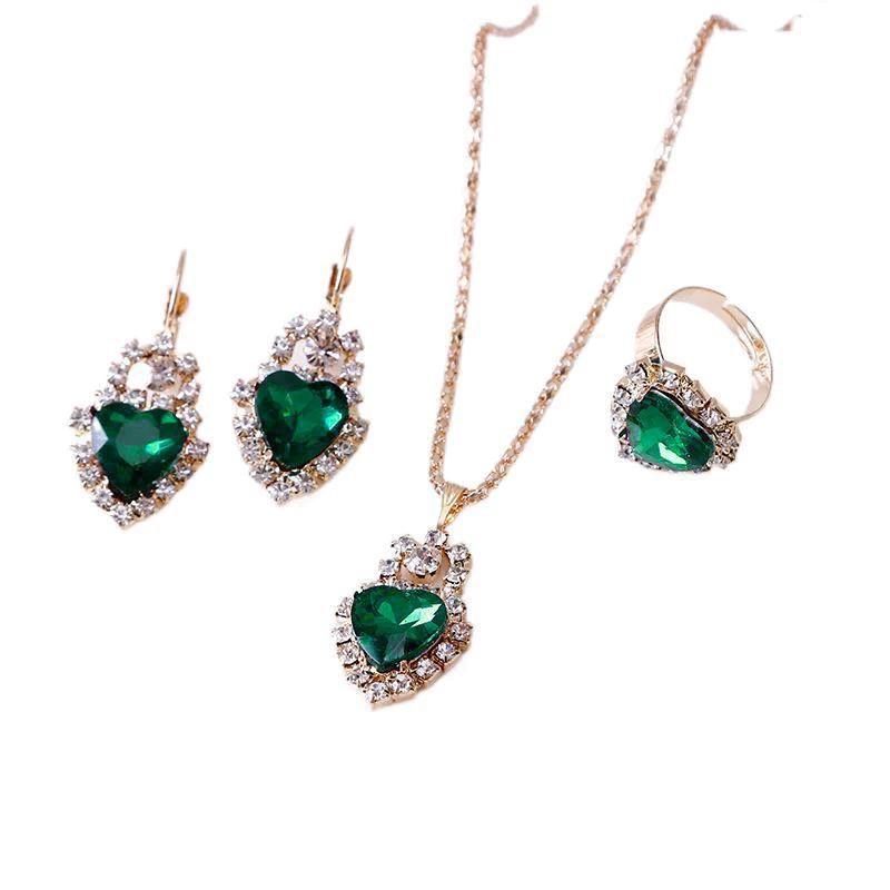 Green Heart Crystal Trio: Necklace, Earrings & Ring Set for Elegance - Shop N Save