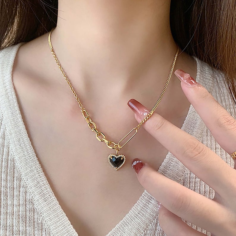 Carnelian & Black Onyx Heart Necklace: Gold Charm Gift for Her - Shop N Save