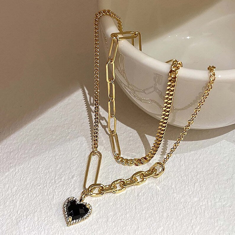 Carnelian & Black Onyx Heart Necklace: Gold Charm Gift for Her - Shop N Save