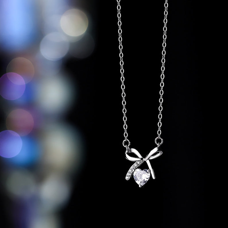 Diamond Love Necklace - Silver Bow Pendant, Minimalist Birthday Gift - Shop N Save