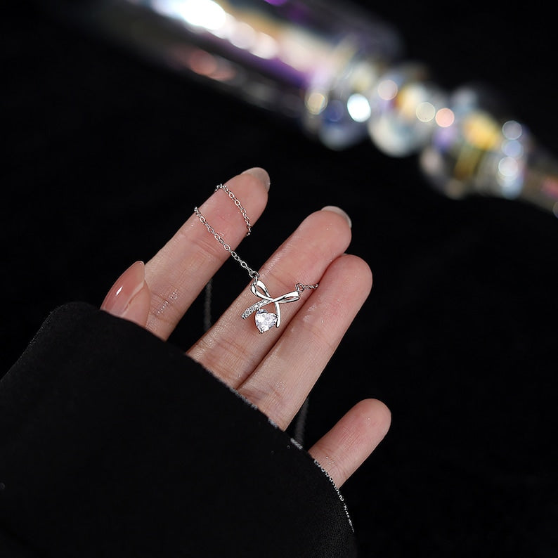 Diamond Love Necklace - Silver Bow Pendant, Minimalist Birthday Gift - Shop N Save