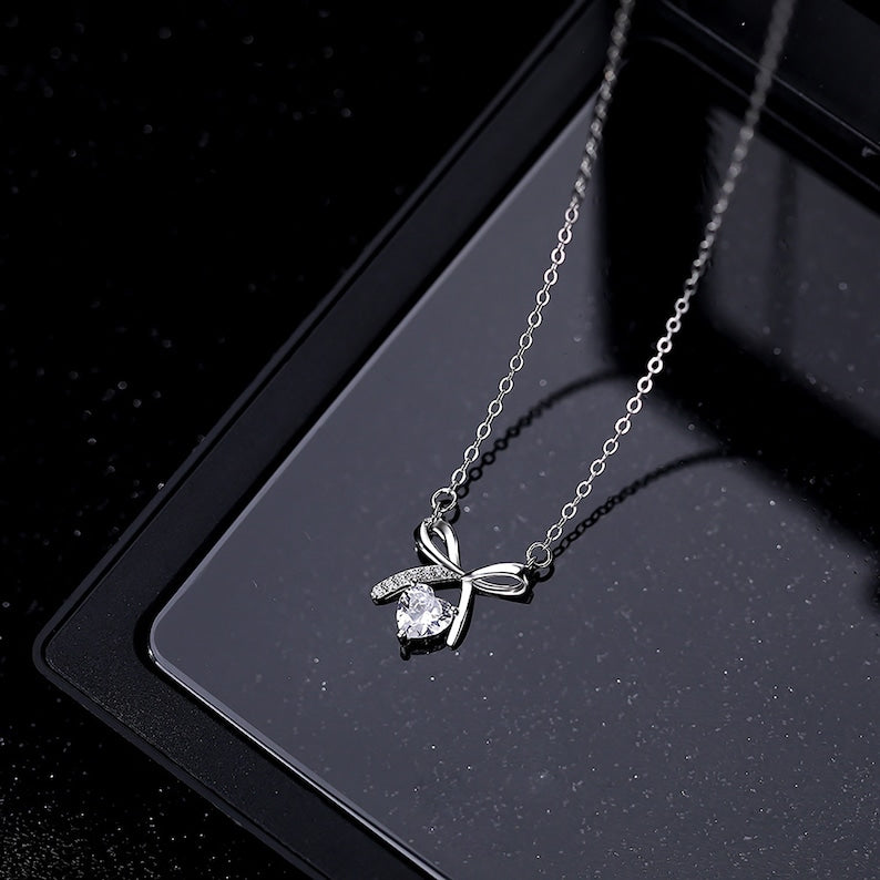 Diamond Love Necklace - Silver Bow Pendant, Minimalist Birthday Gift - Shop N Save