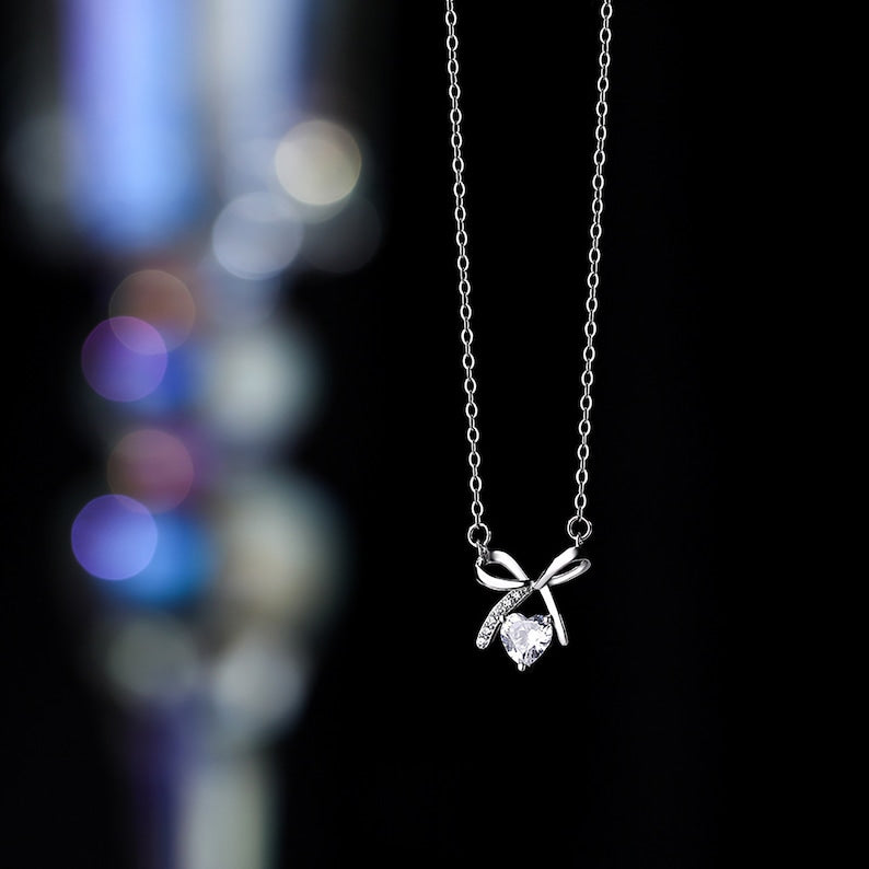 Diamond Love Necklace - Silver Bow Pendant, Minimalist Birthday Gift - Shop N Save
