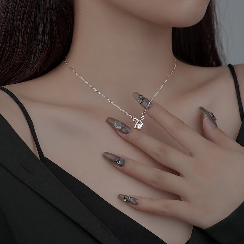 Diamond Love Necklace - Silver Bow Pendant, Minimalist Birthday Gift - Shop N Save