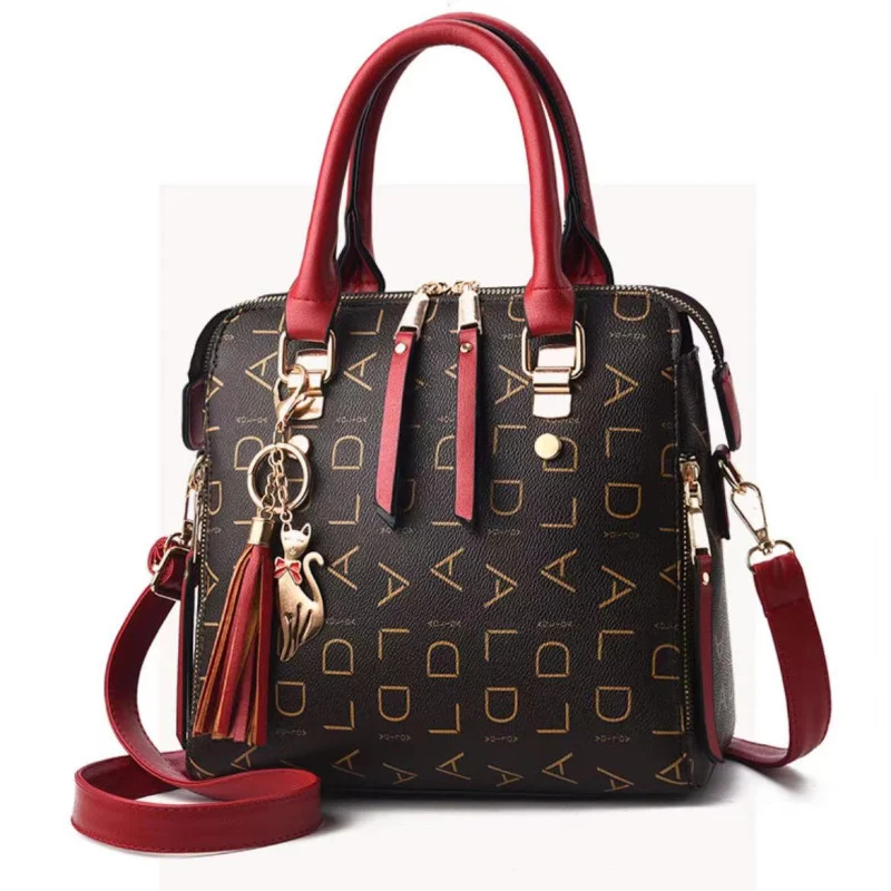 Wine Red Letter Print Handbag: Stylish, Zip Closure, Office-Fashion Fusion