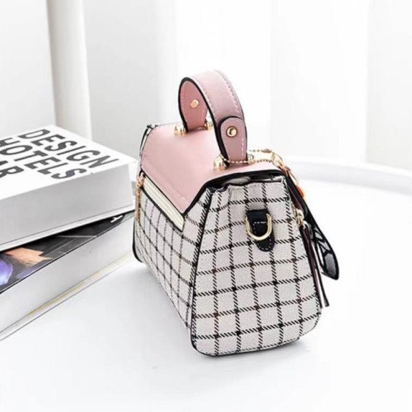 Pink Plaid Handbag: Cute, Stylish, Geometric Twist Lock, Adjustable Strap - Shop N Save