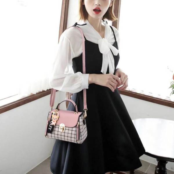 Pink Plaid Handbag: Cute, Stylish, Geometric Twist Lock, Adjustable Strap - Shop N Save
