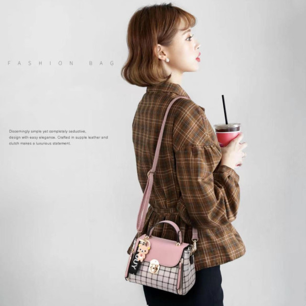 Pink Plaid Handbag: Cute, Stylish, Geometric Twist Lock, Adjustable Strap - Shop N Save