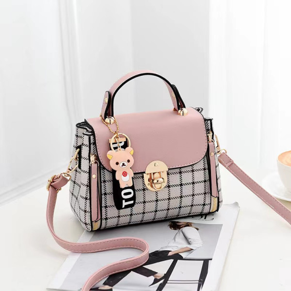 Pink Plaid Handbag: Cute, Stylish, Geometric Twist Lock, Adjustable Strap - Shop N Save
