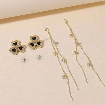 Three Heart Tassel Gold Plated Ear Tops- Black - Shop N Save