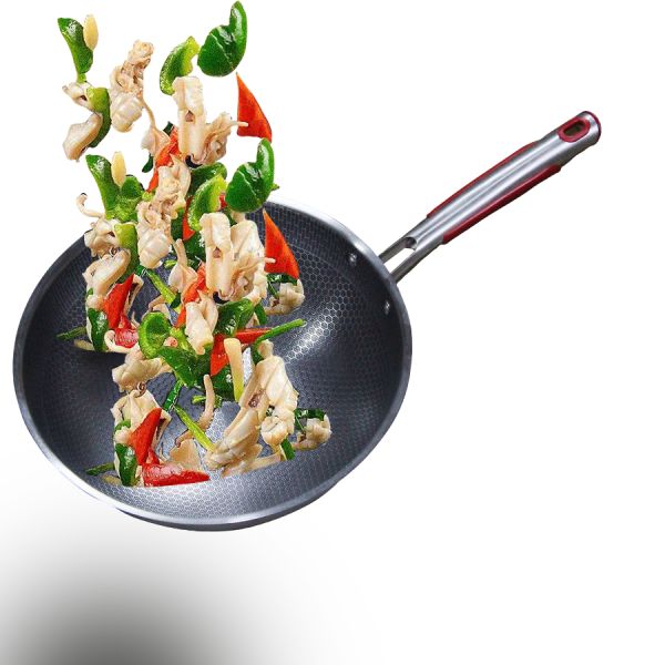 Nonstick Stainless Wok: 32cm, Honeycomb Design, Silver Shade - Shop N Save