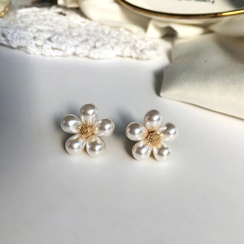 Korean Pearl Clip-On Earrings: Daisy Flower Design, No Piercing - Shop N Save