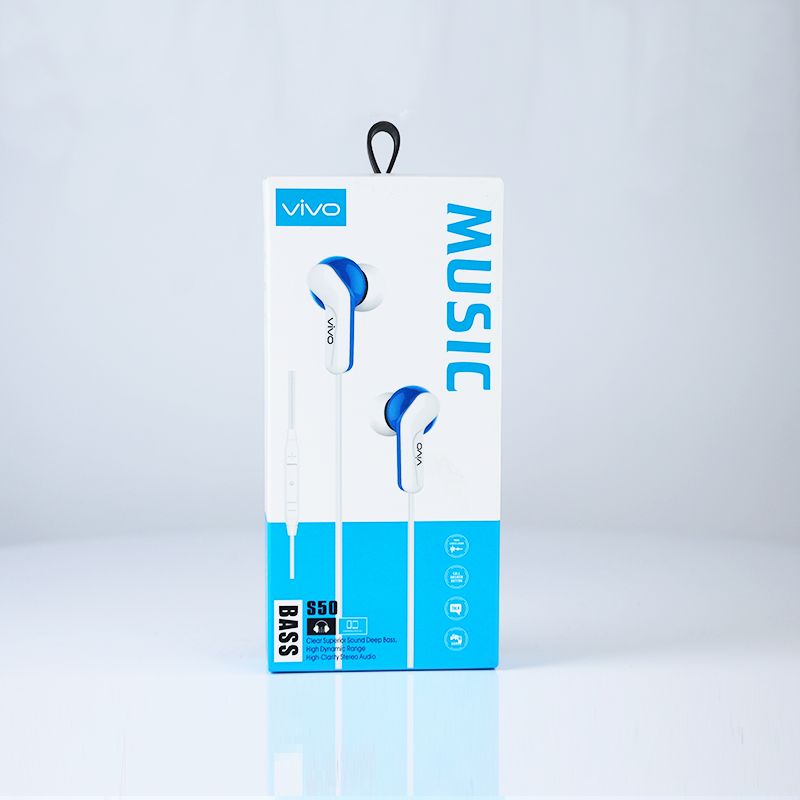 vivo S50 Bass Handsfree: Clear Calls, Comfort Fit, Tangle-Free (White Blue) - Shop N Save