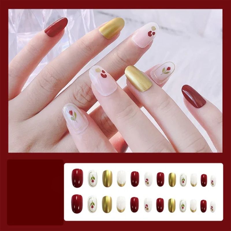 Floral Tulip Nail Set | 24 Pieces Glue-On | Multi-Color Women's Fake Nails - Shop N Save