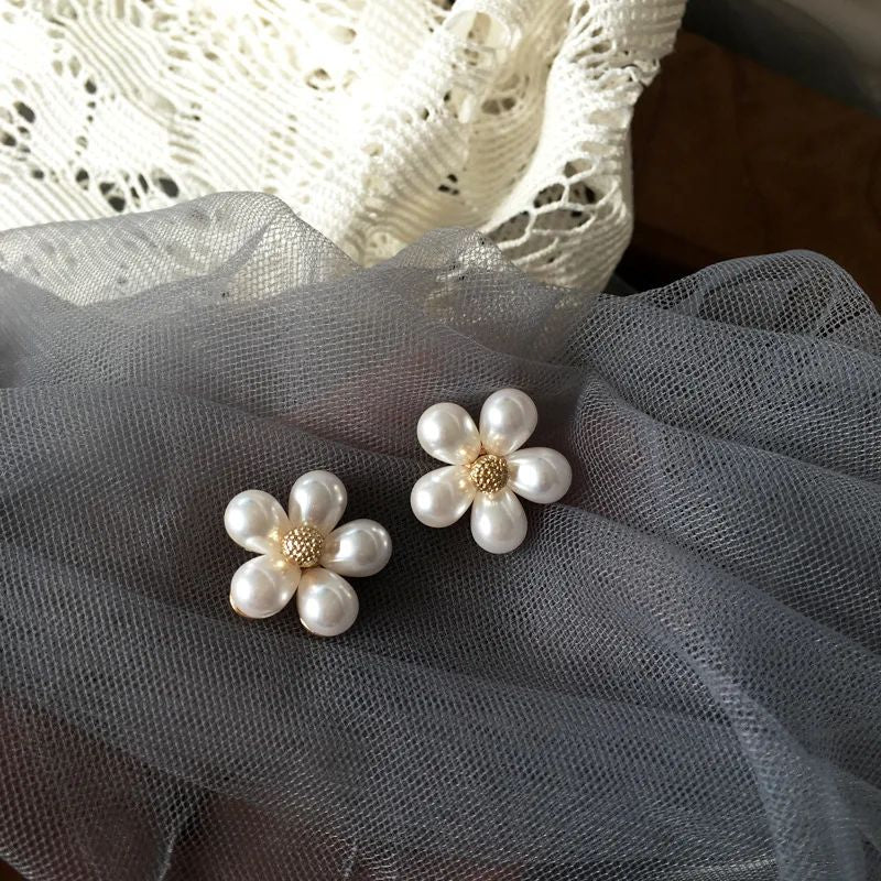 Korean Pearl Clip-On Earrings: Daisy Flower Design, No Piercing - Shop N Save