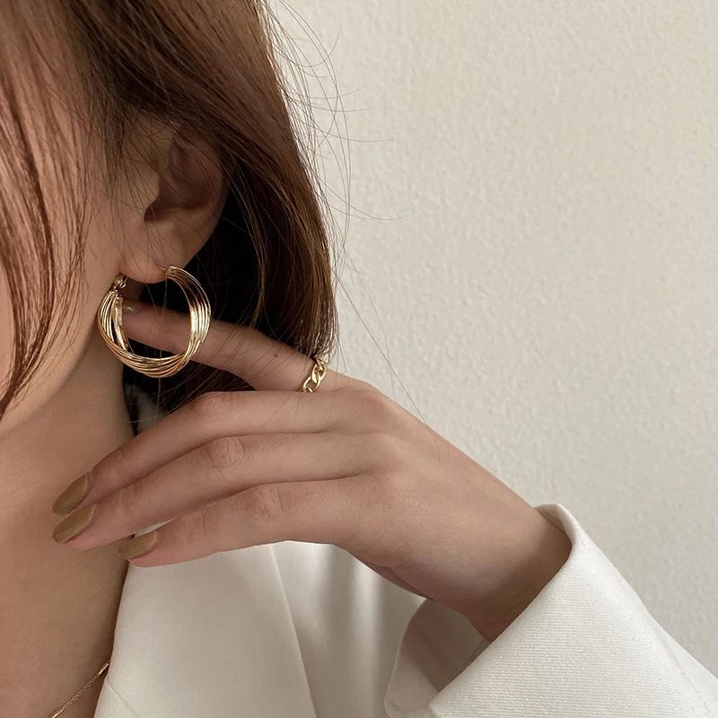 Gold Korean Hoop Earrings - Carved Circle C-Shape Trendy Jewelry - Shop N Save