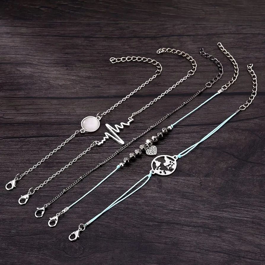 Retro Map Heart Bracelet Set - Multilayer Silver Fashion Jewelry - Shop N Save