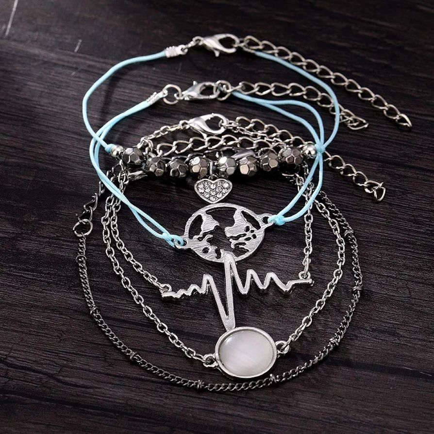 Retro Map Heart Bracelet Set - Multilayer Silver Fashion Jewelry - Shop N Save