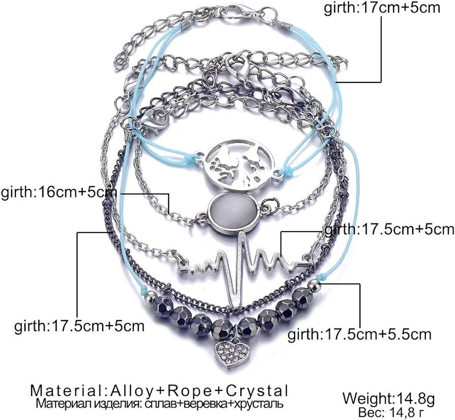 Retro Map Heart Bracelet Set - Multilayer Silver Fashion Jewelry - Shop N Save