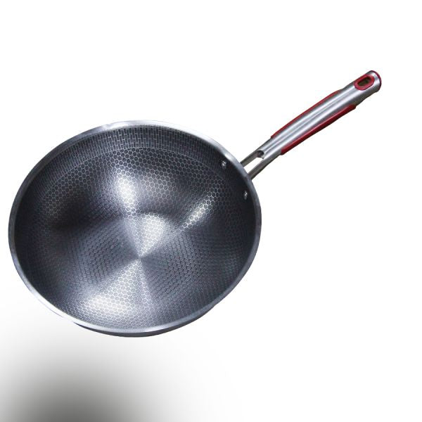Nonstick Stainless Wok: 32cm, Honeycomb Design, Silver Shade - Shop N Save