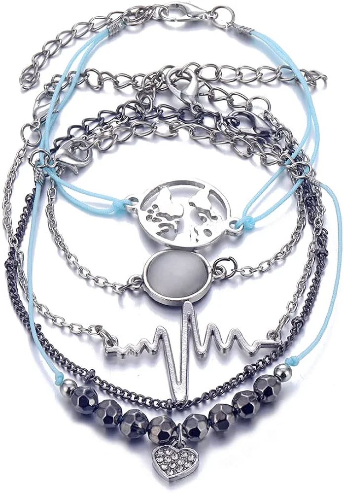 Retro Map Heart Bracelet Set - Multilayer Silver Fashion Jewelry - Shop N Save