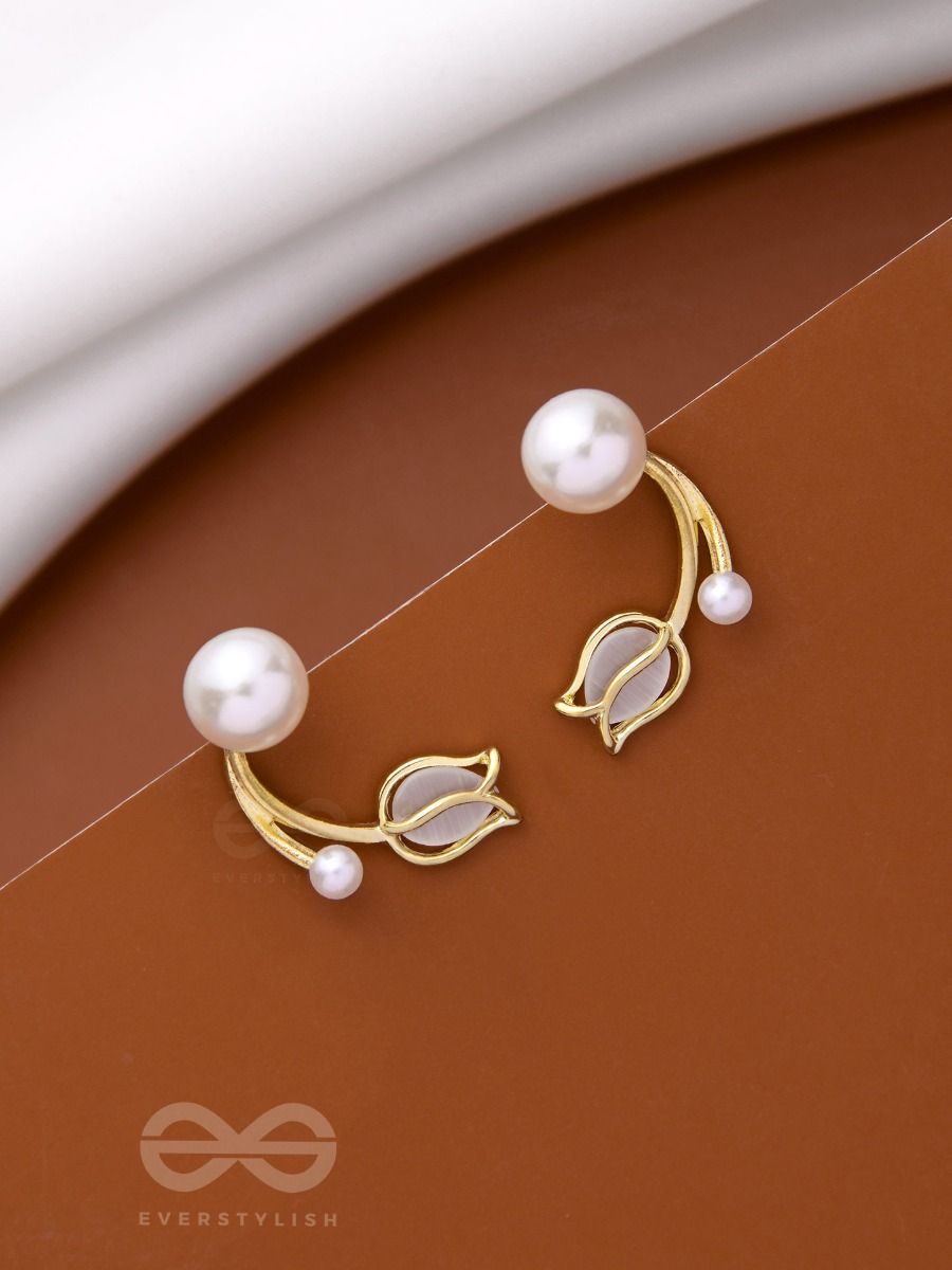 Golden Pearl Studs: White Tulip Elegance, Chic and Minimalist - Shop N Save