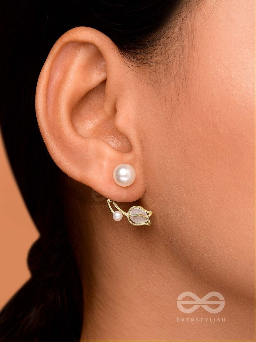 Golden Pearl Studs: White Tulip Elegance, Chic and Minimalist - Shop N Save