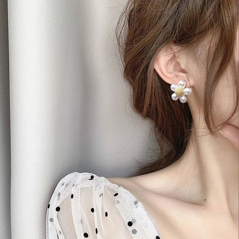 Korean Pearl Clip-On Earrings: Daisy Flower Design, No Piercing - Shop N Save