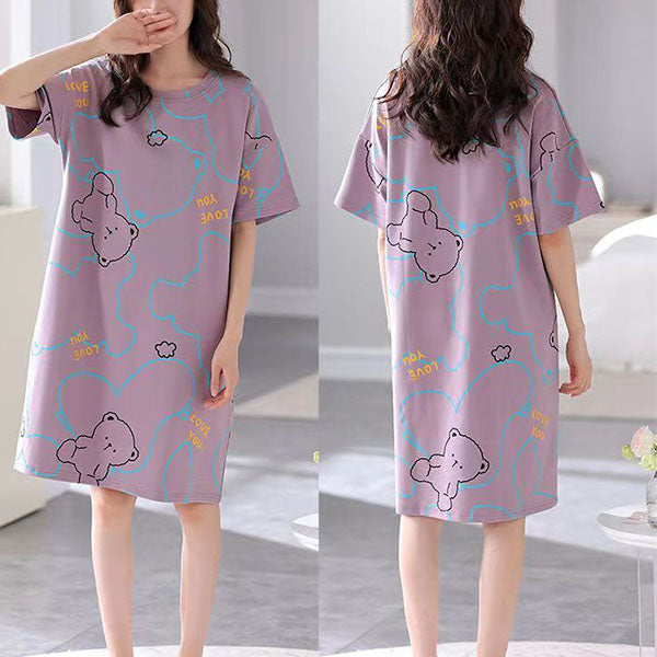 Cute Bear Cartoon Print Purple Women's Midi Dress Comfy and Casual Sleepwear Perfect for Girls' Night In!