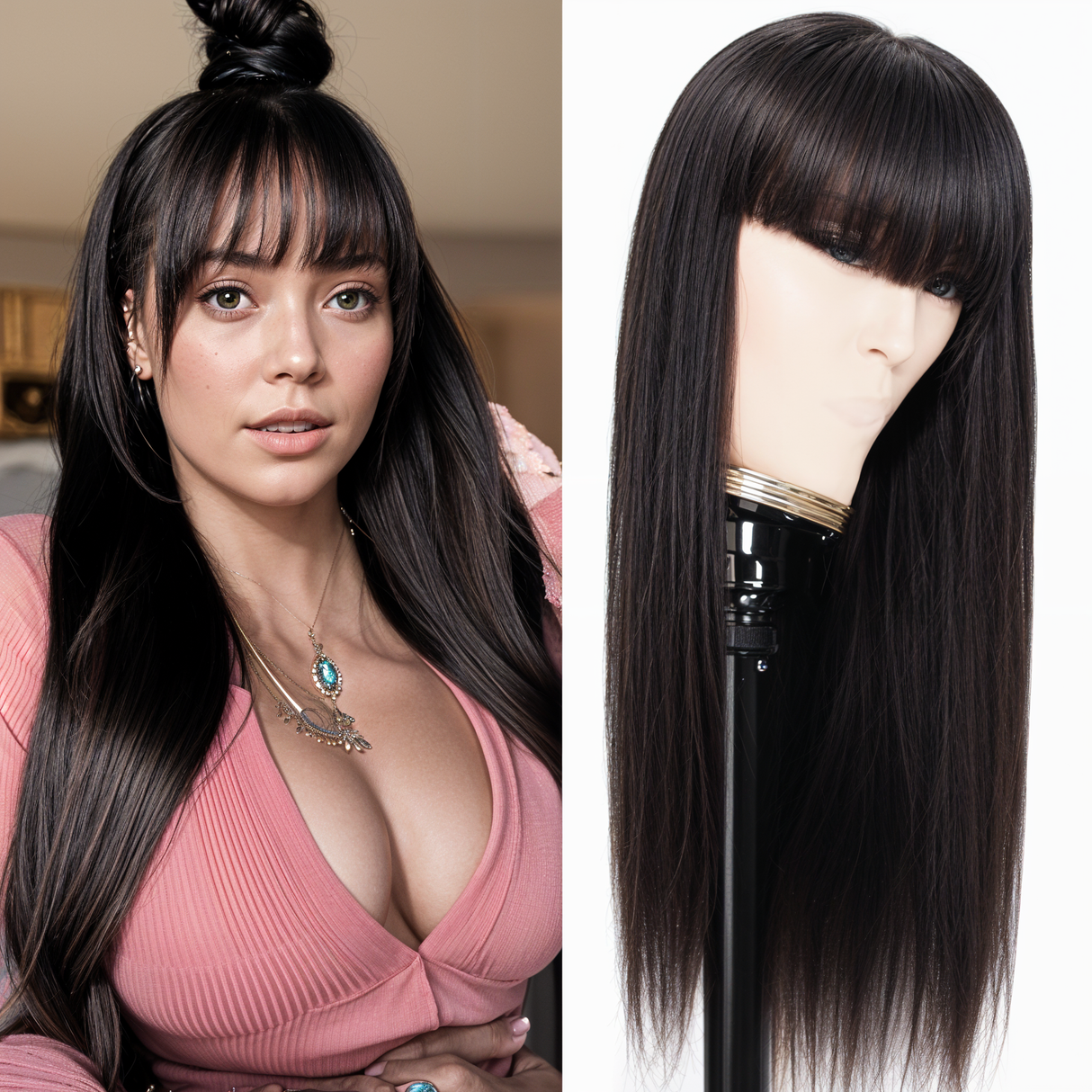 Africa full bangs black long straight hair wig headgear for women